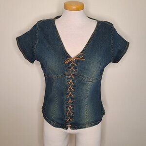 Vintage Andrew & Co Stretchy Denim Lace-up Short Sleeve Shirt/Vest
